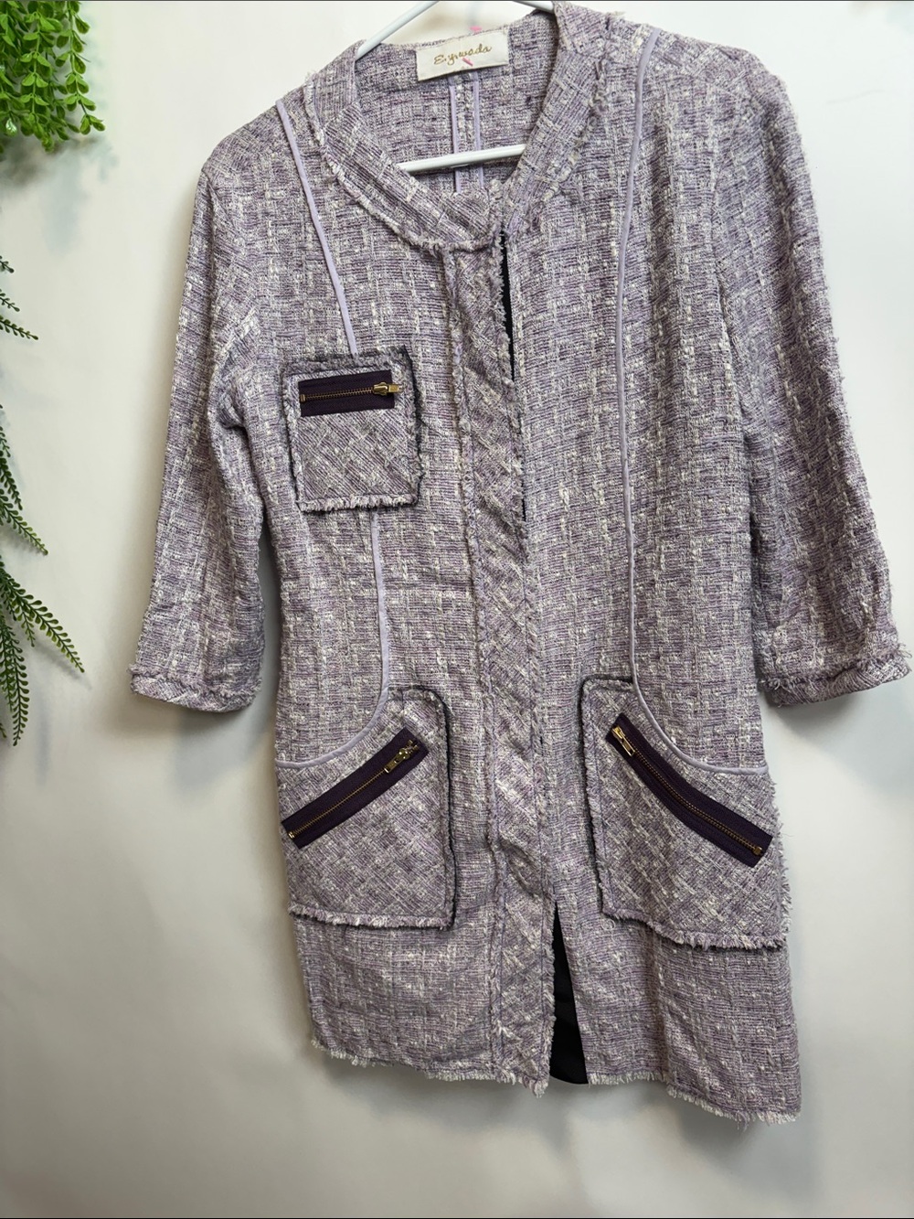 Textured Lavender Tweed Long Blazer with Zip-Pocket Details